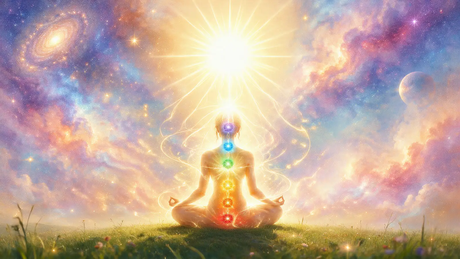 Silhouette en méditation sur l’herbe, chakras illuminés, sous un ciel étoilé et lumineux