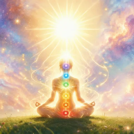 Silhouette en méditation sur l’herbe, chakras illuminés, sous un ciel étoilé et lumineux